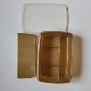 Vintage Tupperware Tuppercraft Gold Box Stow-N-Go 767 3pc Set w/ Divider Tray